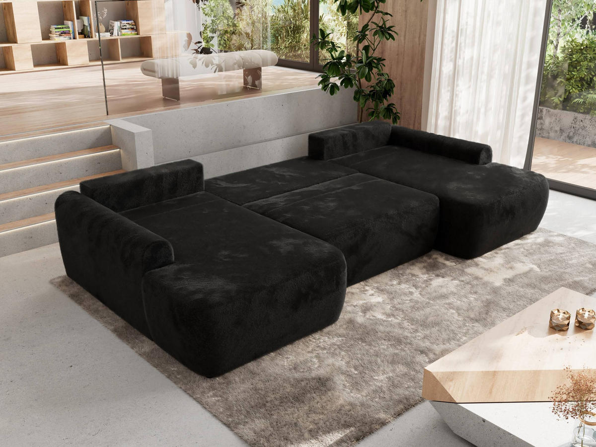 WOHNLANDSCHAFT CUBO U Schwarz Plüsch - Schwarz, Kunststoff/Textil (370/100/187cm) - MKS