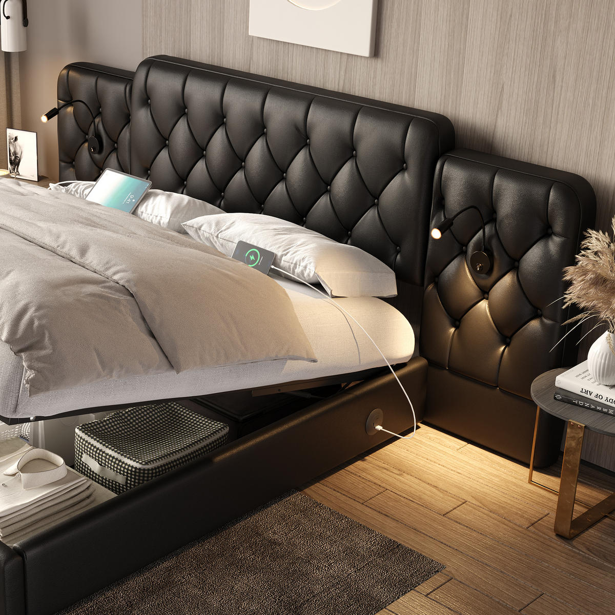 POLSTERBETT 160x200 cm USB Stauraum schwarz - Schwarz, Kunststoff (160/200cm) - LEBENLANG