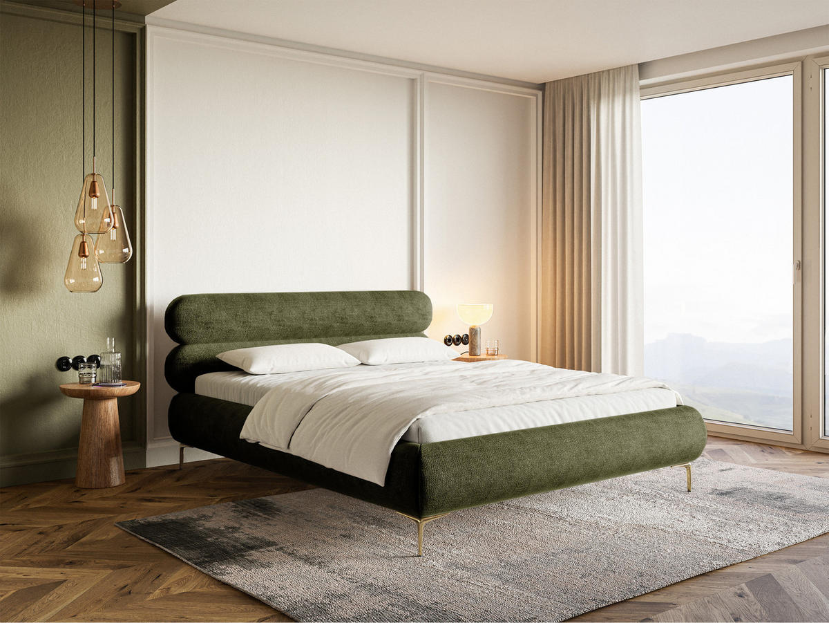 POLSTERBETT Roule Olivgrün Chenille mit goldenen Metallbeinen und Bettkasten 180 cm - Goldfarben/Olivgrün, Textil/Metall (180/200cm) - Selsey