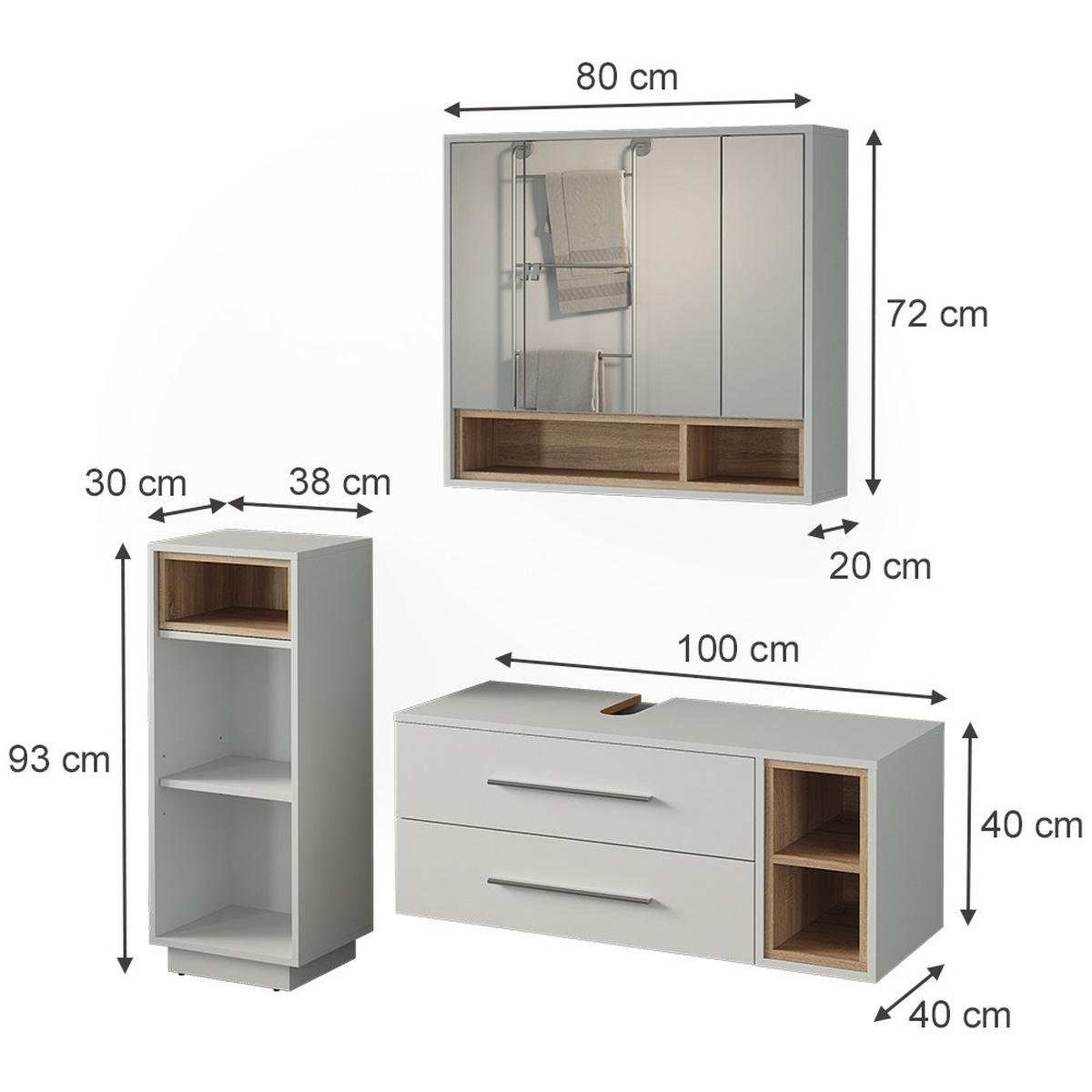 BADMÖBEL-SET Beatrice, Weiß/Sonoma, 3-teilig - Weiß/Sonoma Eiche, Holzwerkstoff (100/40/40cm) - Vicco