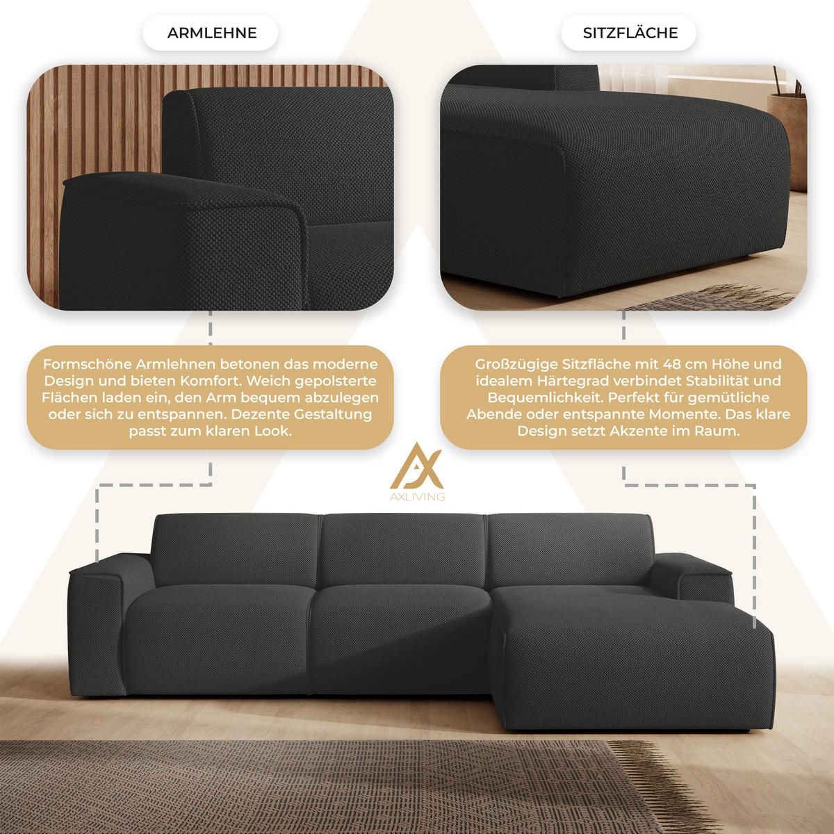 ECKSOFA L Form Didim mini Grau 310/165/78 cm – stilvolle kleine Eckcouch R - Schwarz/Grau, Kunststoff/Textil (310/165cm) - AX Living