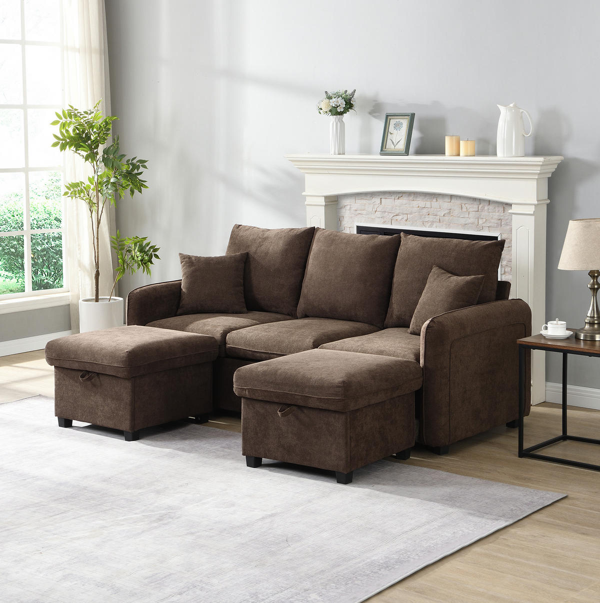 ECKSOFA-SET Chenille mit Stauraum und Schlaffunktion 3-Sitzer und 2 Hocker 188/186/86 cm Dunkelbraun - Dunkelbraun, Kunststoff/Textil (186/188cm) - Redom
