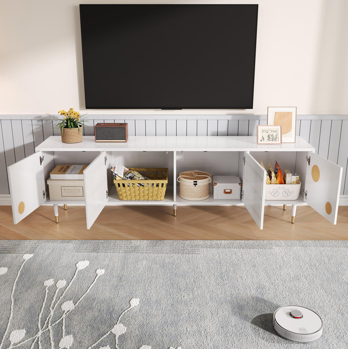 TV-SCHRANK in Weiß mit 4 Türen, Gitterfront und Goldakzenten 170/36/54 cm - Weiß, Holzwerkstoff (170/54/36cm) - Redom