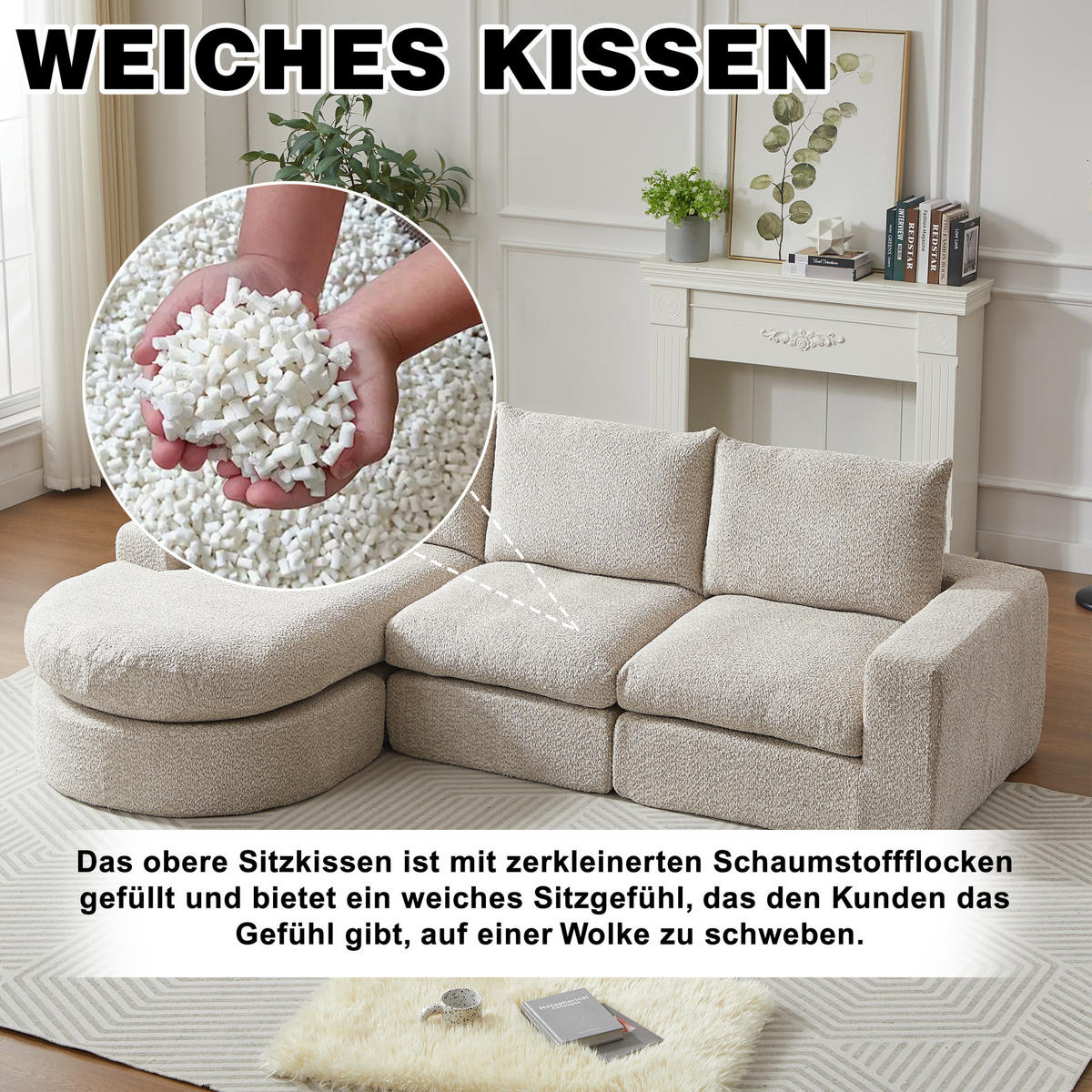 ECKSOFA 250/160/80 cm beige aus Chenille mit Recamiere und Kissen - Beige, Textil (160/250cm) - OKWISH