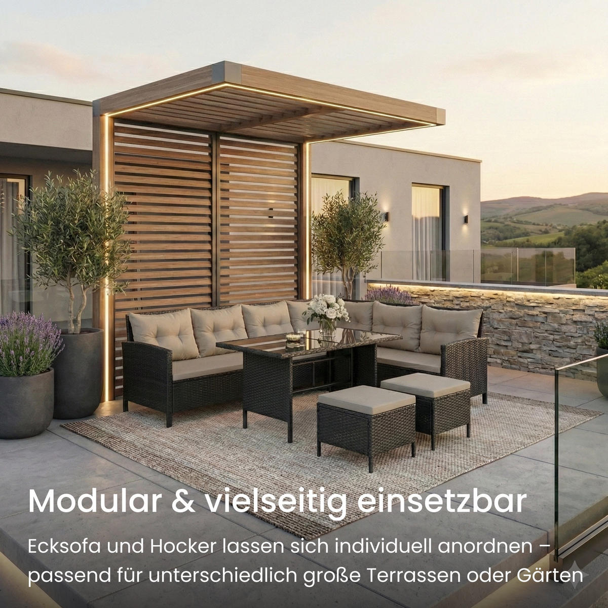 GARTENMÖBEL-SET mit Ecksofa und Esstisch in graue Kissen - Grau, Metall - Home Collective