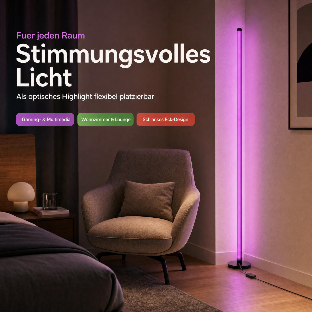 LED-ECKLAMPE - mit Fernbedienung und integriertem Musiksensor für RGB Farbeffekte in Schwarz - Schwarz, Kunststoff (15.5/15.5/147.5cm) - Northpoint