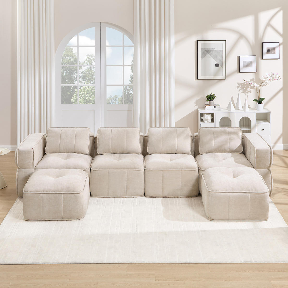 WOHNLANDSCHAFT DE-34428 4-Sitzer U-Form mit 2 Hockern Beige - Beige, Textil (162/67/344cm) - ComfortXL