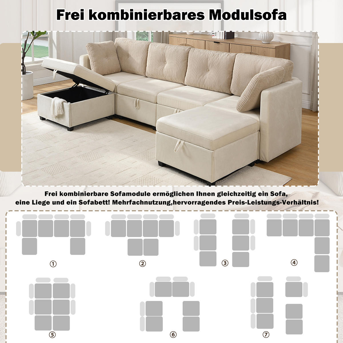 WOHNLANDSCHAFT 261/132.5/85 cm Beige mit Stauraum - Beige, Textil (261/85/132.5cm) - Oxeza