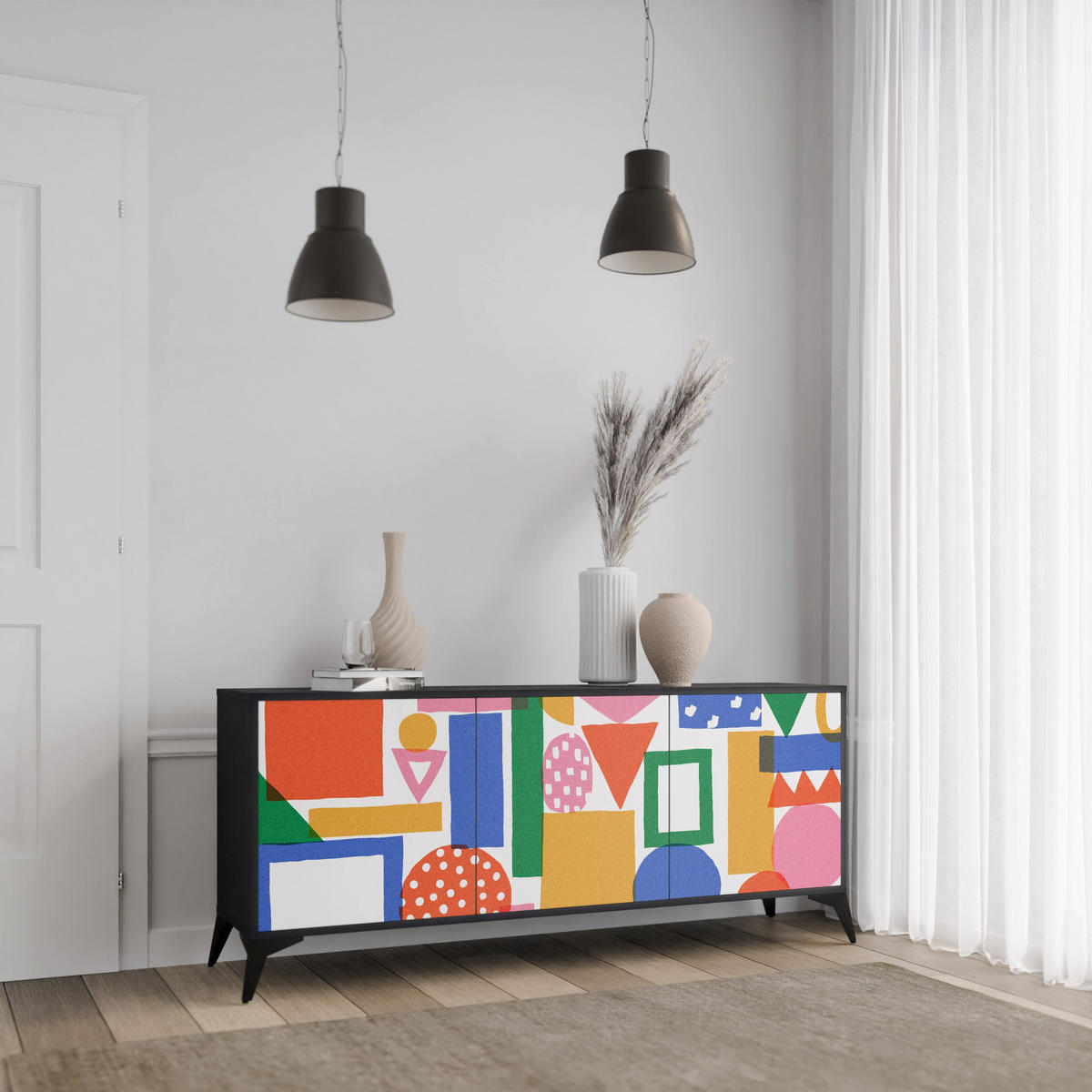 SIDEBOARD GEOMETRIC GLIMMER, Eicheneffekt, 164,5x42x77,5 cm, 3 Türen - Eichefarben/Buchefarben, Holzwerkstoff/Buchenholz (164.5/77.5/42cm) - SpaceRebels