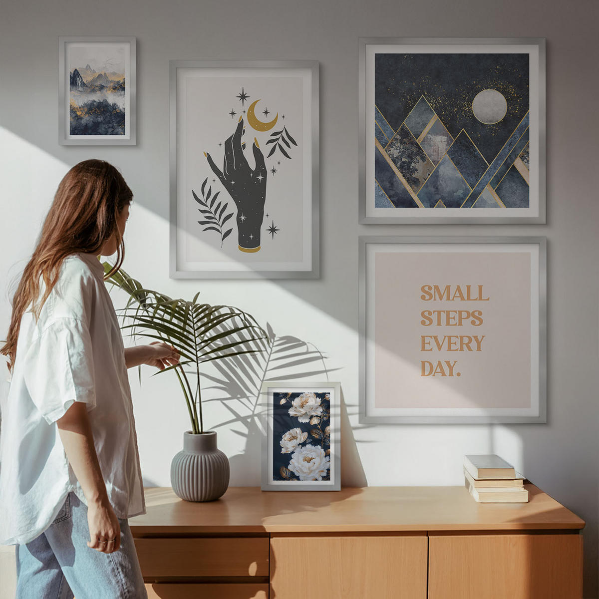 WANDBILDER 5er Set - 50x50 cm & 20x30 cm & 40x60 cm Silberner Rahmen - Turmbrücken in europäischen Städten - Silberfarben, Kunststoff (40/60cm) - ArtPrintCave