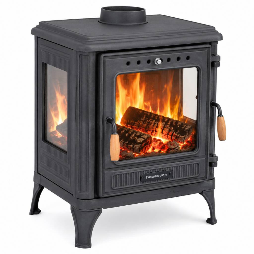 HOSSEVEN Kaminofen Holzofen Wohnzimmer Holzkamin 8005CK Panorama 3 Seiten Glas 7 kW Holz Ofen Kamin Heizofen Schwedenofen Mehrfachbelegung - Schwarz, Metall (59.3/68.3/45.8cm)