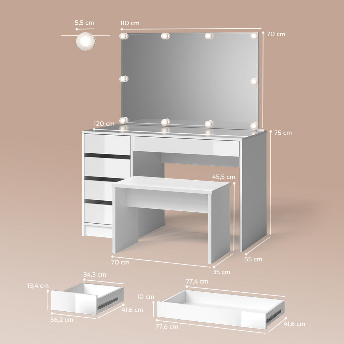 SCHMINKTISCH Imola Weiß mit LED Beleuchtung und Bank - Weiß, Holzwerkstoff (120/75/55cm) - Livinity®