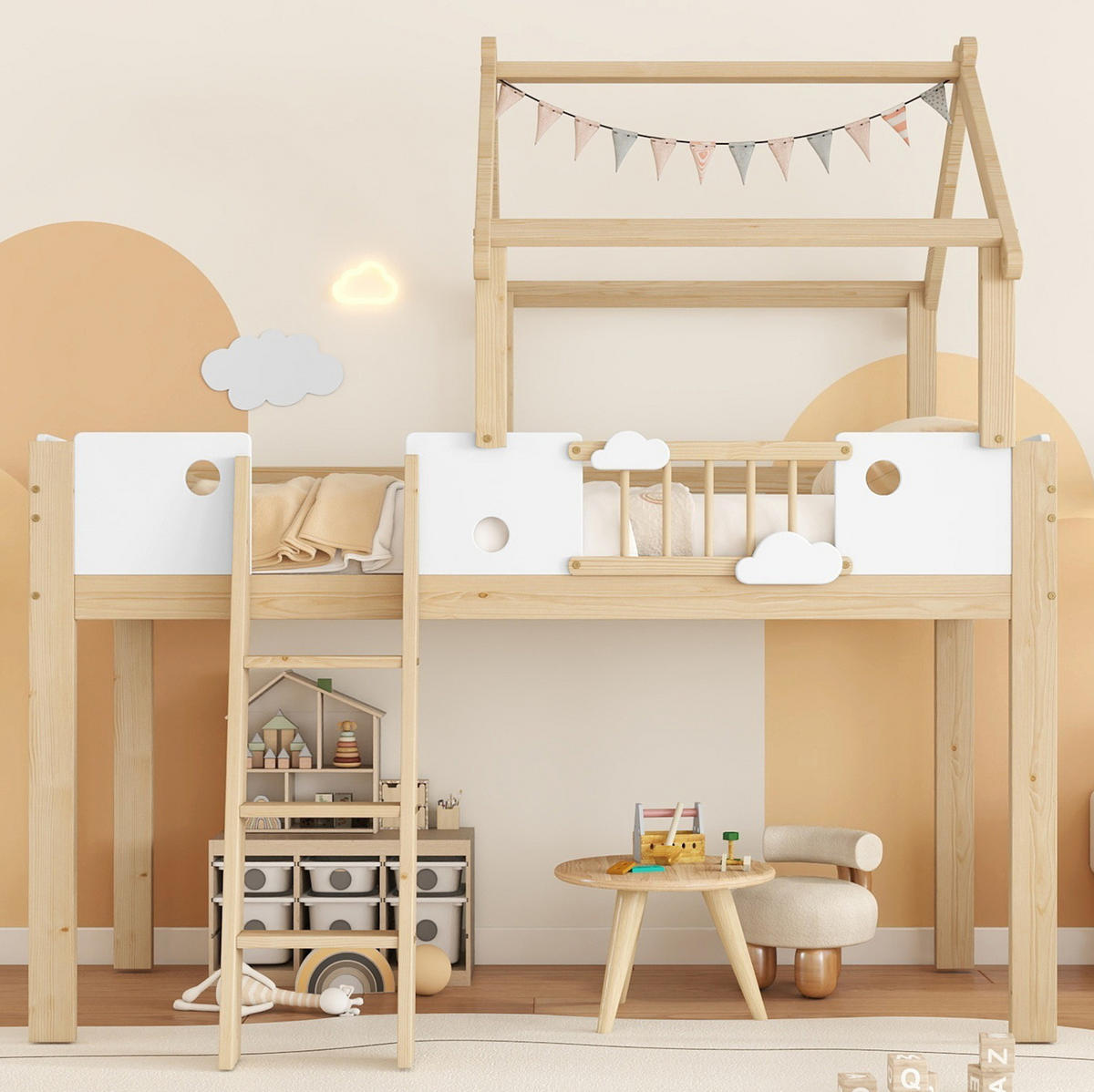 HAUSBETT 90/200 cm Weiß/Natur aus Kiefer, MDF und Sperrholz mit Dachdesign - Naturfarben, Holzwerkstoff (90/200cm) - OKMYHOME