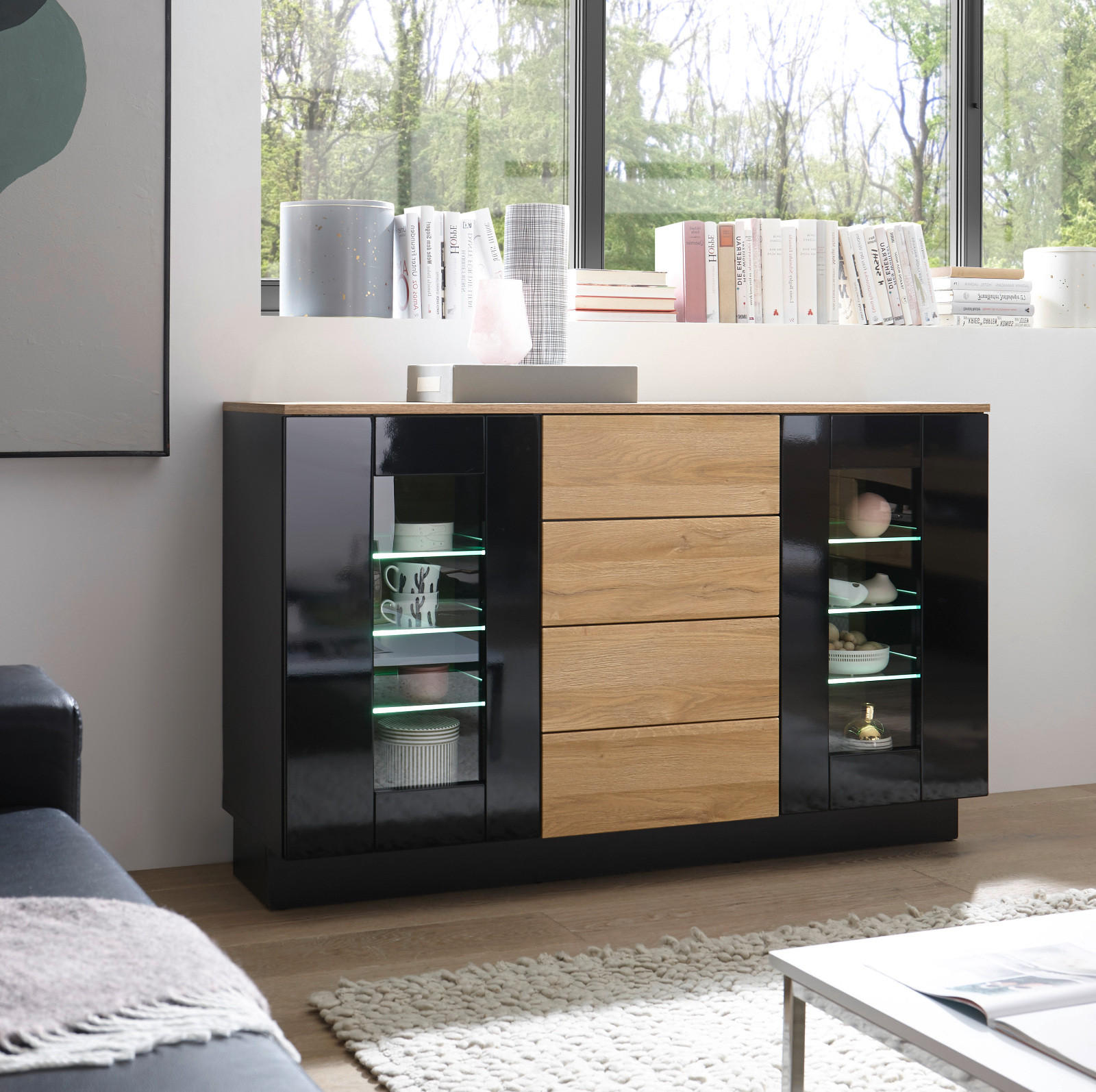 SIDEBOARD schwarz Hochglanz, Grandson Eiche, Kommode 136 x 85 cm - Schwarz Hochglanz/Eichefarben, Glas/Holzwerkstoff (136/85/43cm) - Furn.Design