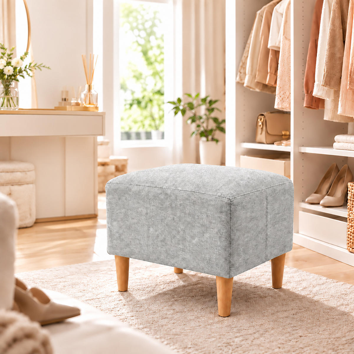 FUSSHOCKER Hellgrau gepolstert Holzfüße - Grau, Holz/Textil (61/42/41cm) - Relaxdays