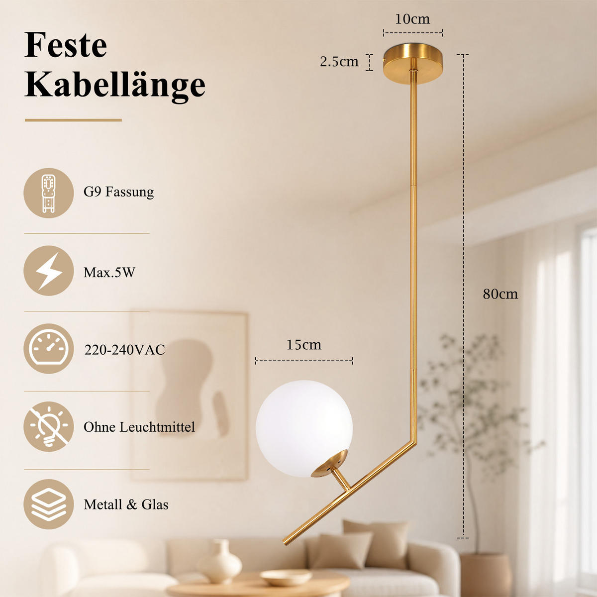 PENDELLEUCHTE Kylvin 15/15/80 cm - Goldfarben/Weiß, Glas/Metall (15/15/80cm) - ZMH