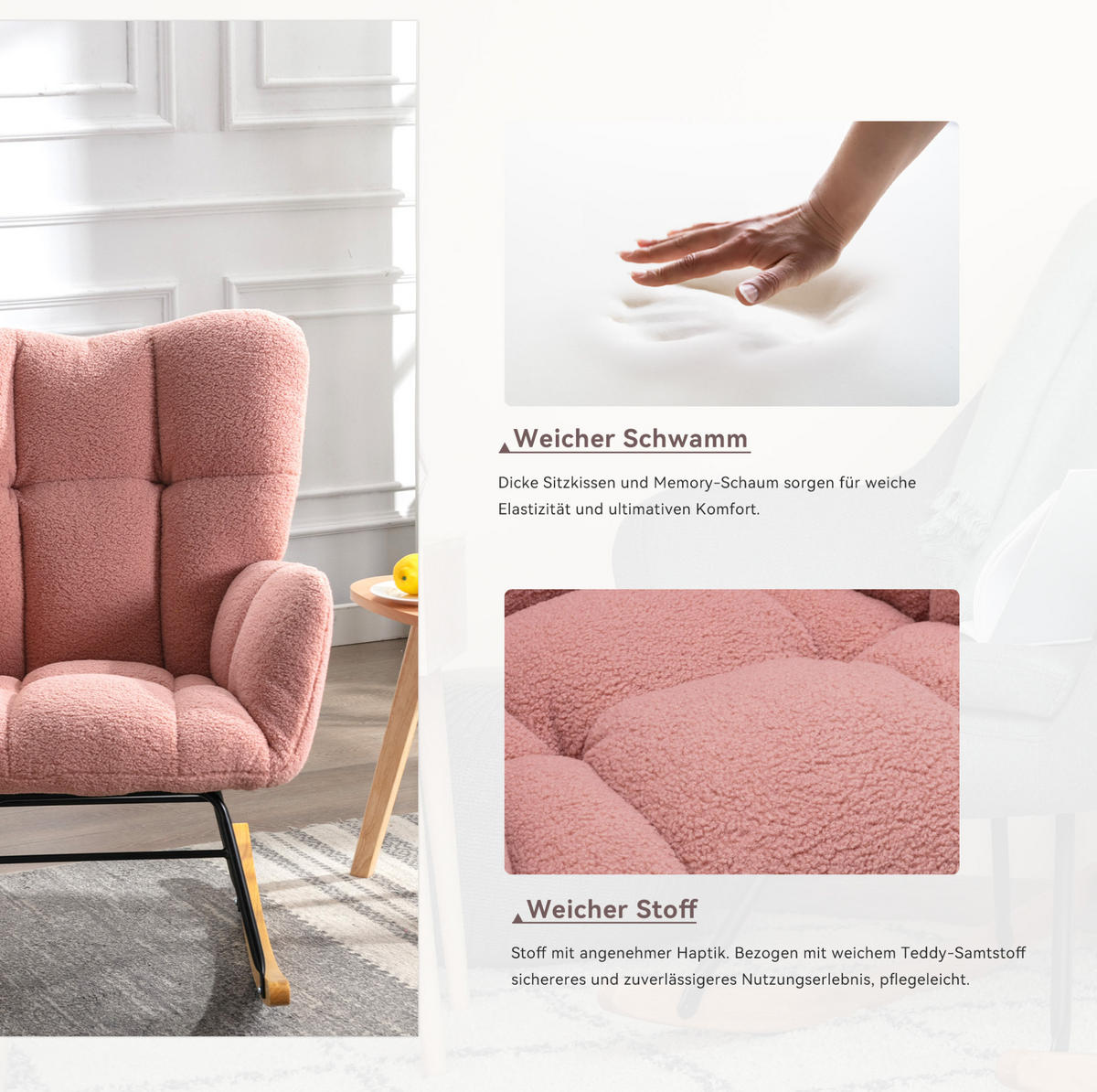 SCHAUKELSTUHL Teddy-Stoff mit gepolsterter Rückenlehne 80/70/95 cm Rosa - Rosa, Textil (70/95/80cm) - Redom