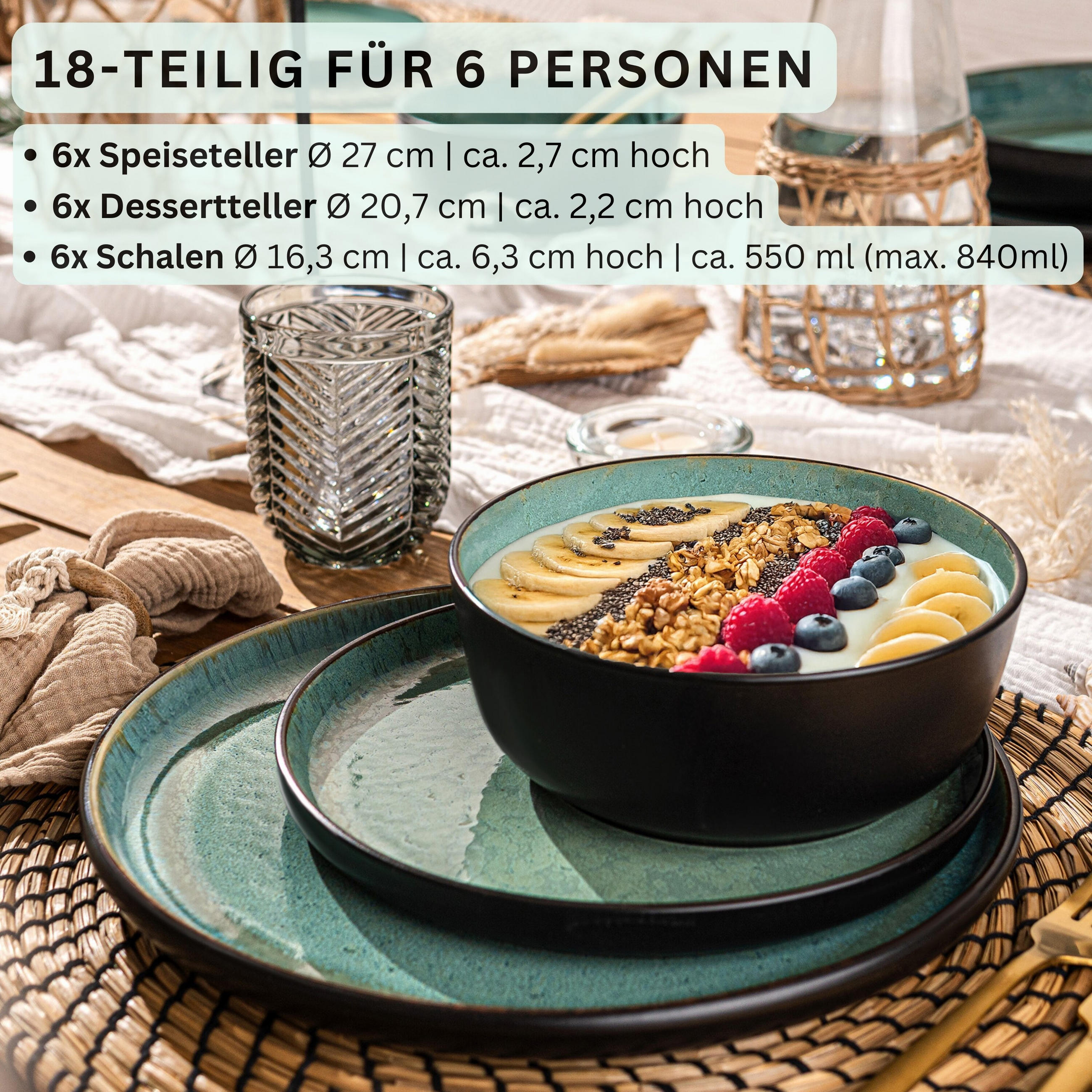 TAFELSERVICE FIJI - 18 teilig aus Steingut - Grün, Keramik (33/34/46.5cm) - Sänger