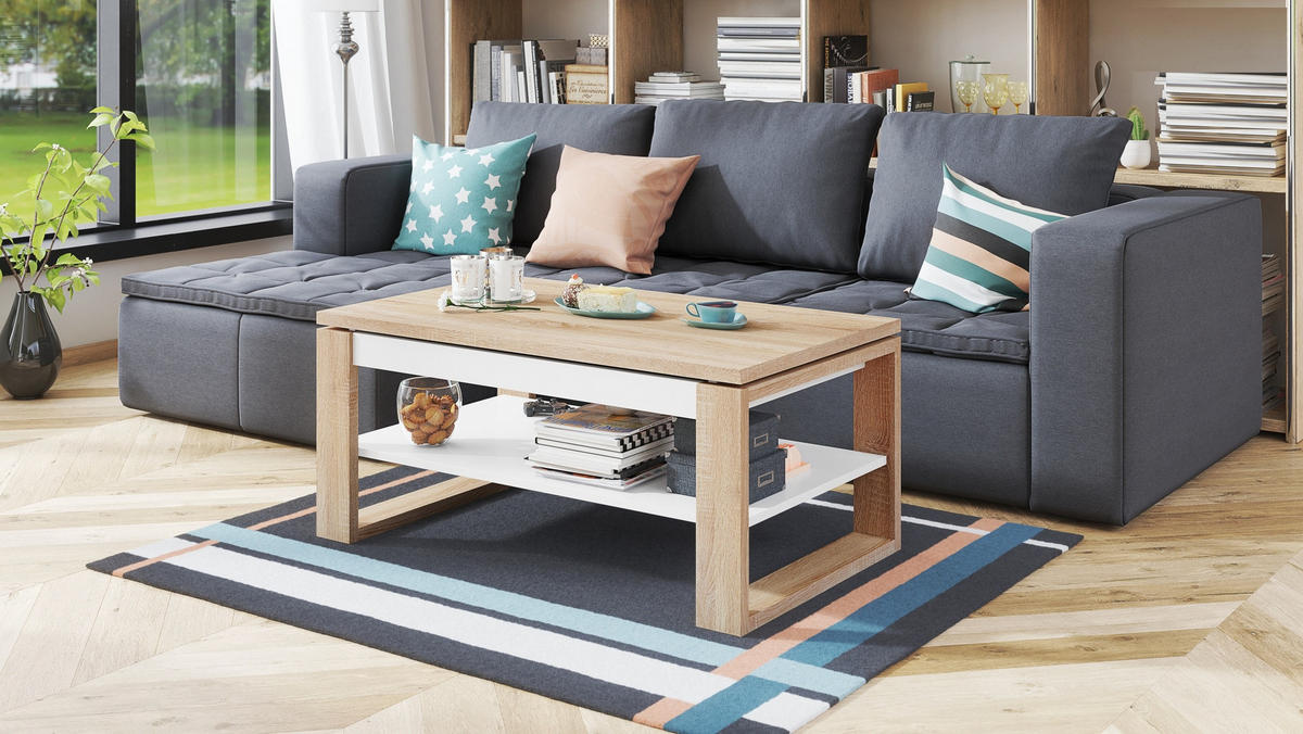 COUCHTISCH rechteckig Sonoma Eiche Weiß aufklappbar 110/65/50 cm - Weiß/Sonoma Eiche, Holzwerkstoff (65/110/50cm) - designimpex