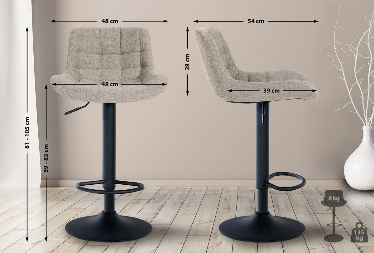 BARHOCKER 2er Set Tower Stoff taupe - Schwarz/Grau, Textil/Metall (48/105/54cm) - TPFLiving