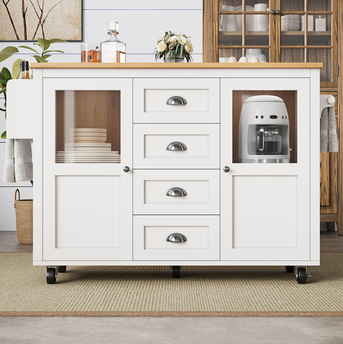 KÜCHENINSEL 137,9/73/92,5 cm Weiß aus MDF und Metall mit Klapptisch - Weiß, Holzwerkstoff (73/92.5/137.9cm) - OKMYHOME
