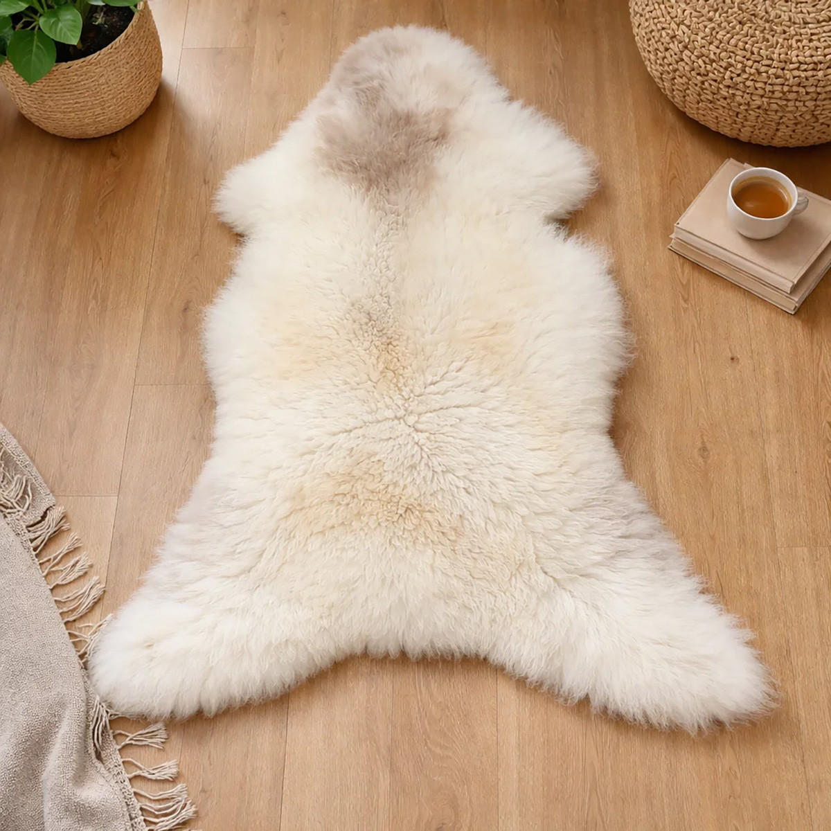 LAMMFELL Natur Schaffell hell gefleckt langhaar ca. 95 cm - Creme/Weiß, Fell (55/95cm) - Provellus