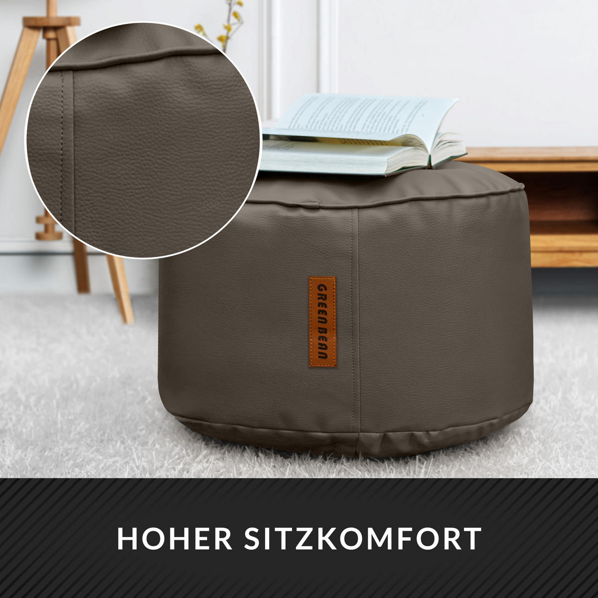 INDOOR HOCKER Stay rund Kunstleder - Hellbraun/Cappuccino, Textil (43/30/30cm) - Green Bean