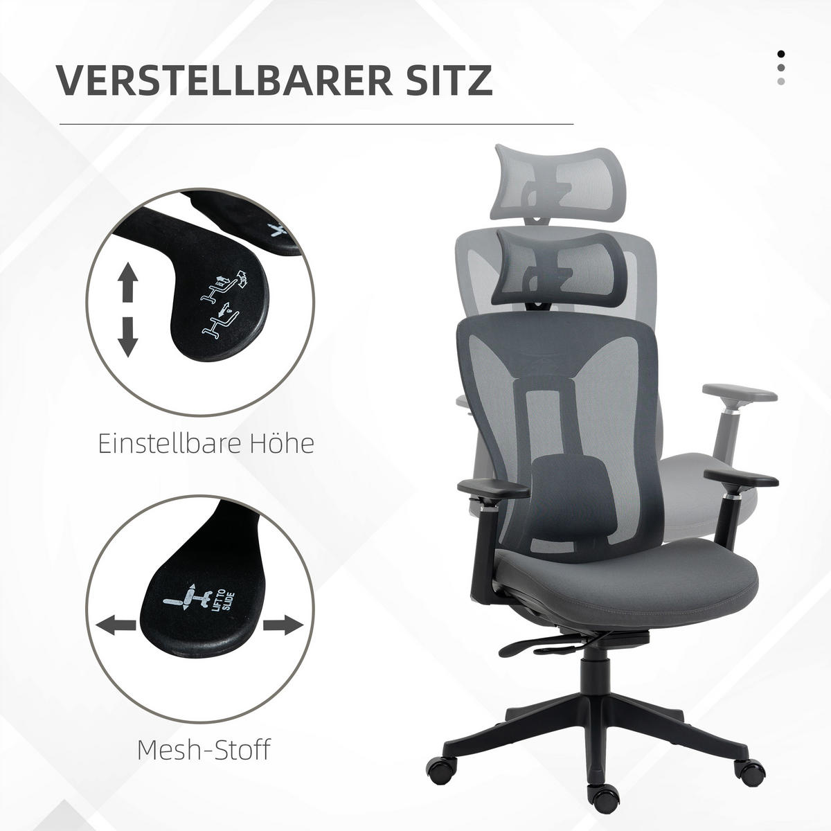 BÜROSTUHL, Ergonomischer Schreibtischstuhl, Computerstuhl mit Liegefunktion - Grau, Kunststoff (66/128/70cm) - Vinsetto