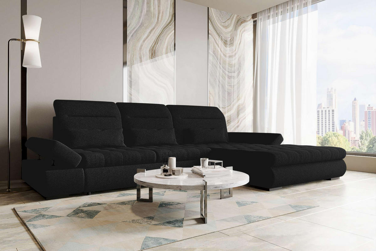 ECKSOFA Toscana Plus Strukturstoff inkl. Schlaffunktion - Schwarz, Textil (300/179cm) - 99rooms