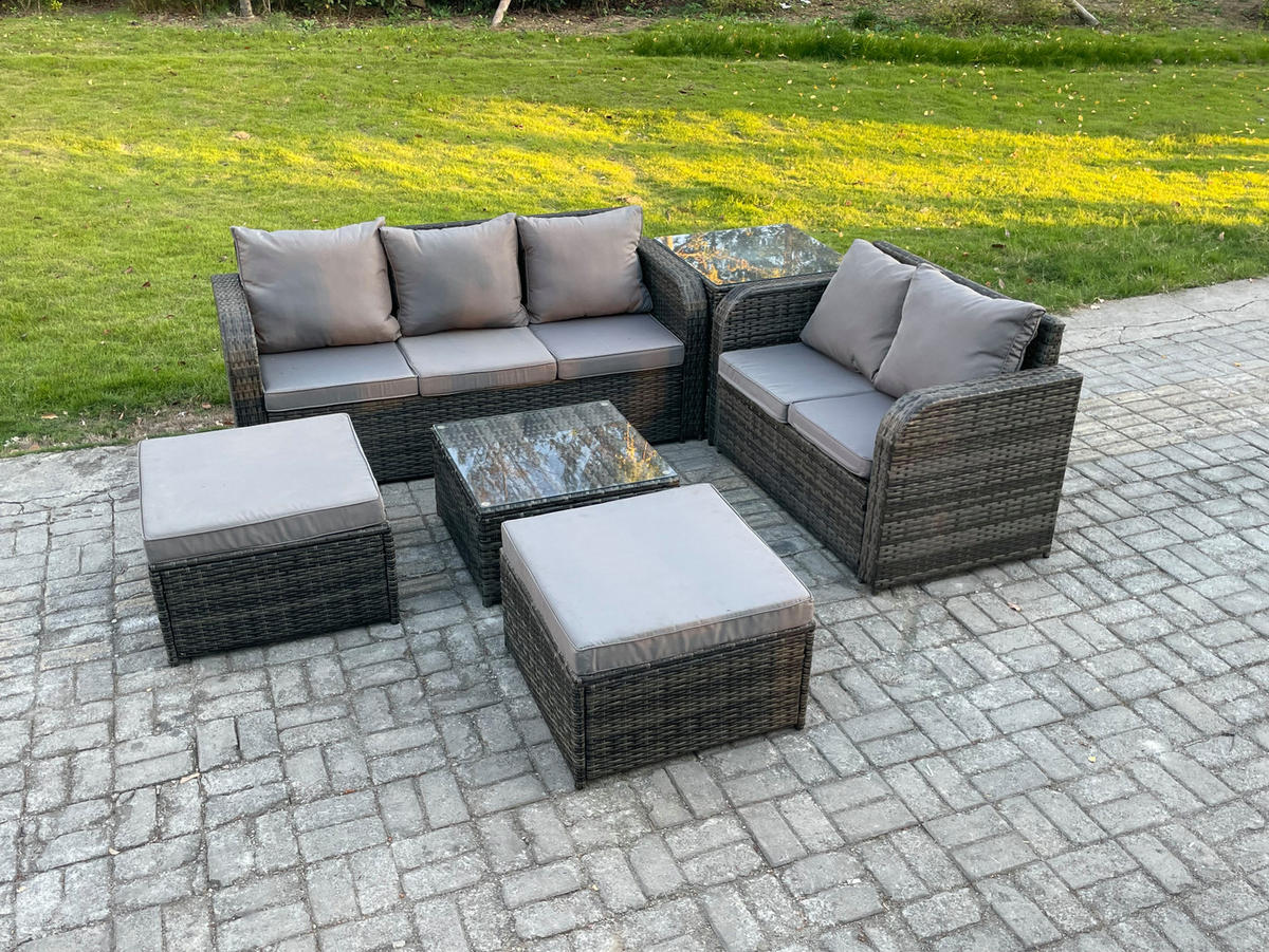 GARTENMÖBEL SET mit 3-SITZER SOFA Polyrattan Dunkelgrau 7-Sitzer - Dunkelgrau/Grau, Glas/Kunststoff - Fimous