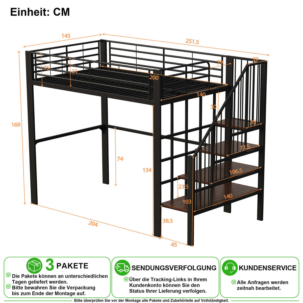 VYVÝŠENÁ POSTEL 140/200 cm v černé barvě se schody a úložným prostorem - černá, kov/kompozitní dřevo (140/200cm) - CHICFURN