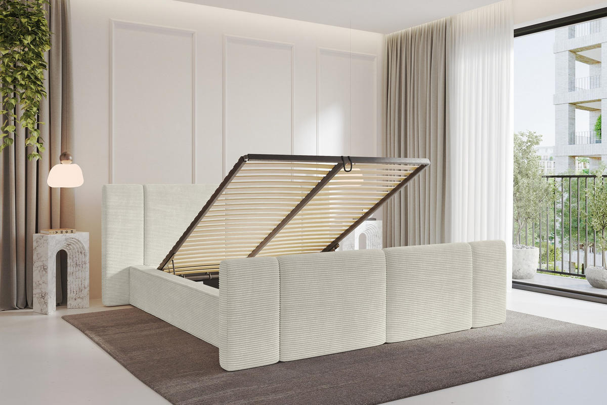 POLSTERBETT mit Bettkasten, Fußteil und Lattenrost, Bett mit Matratze H3/H4 - RIVO-Z 200x200 Creme - Sahara, Holzwerkstoff/Textil (200/200cm) - ALTDECOR