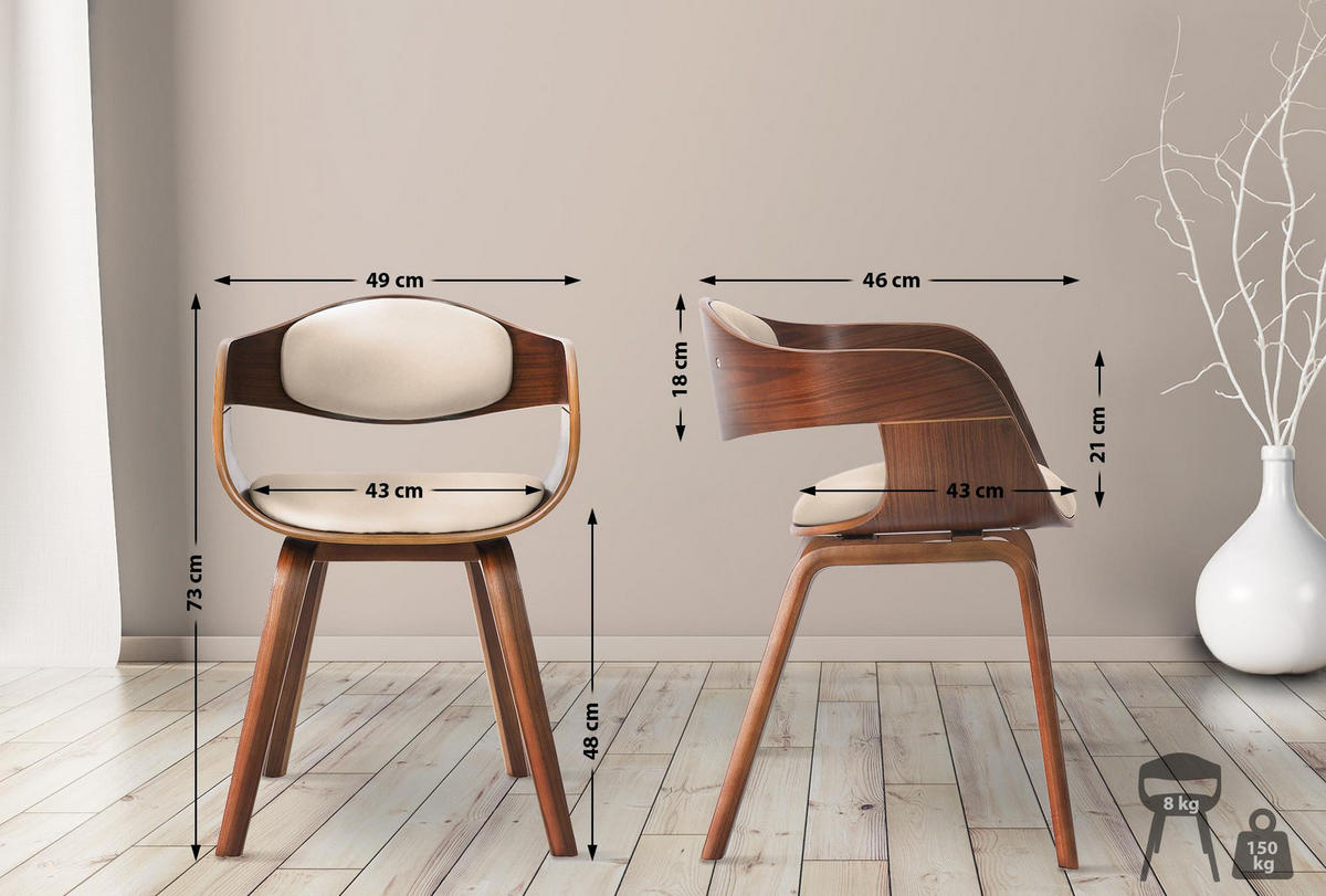 ARMLEHNENSTUHL Lederlook Walnuss/Creme - Walnussfarben/Creme, Holz/Textil (49/73/46cm) - CLP