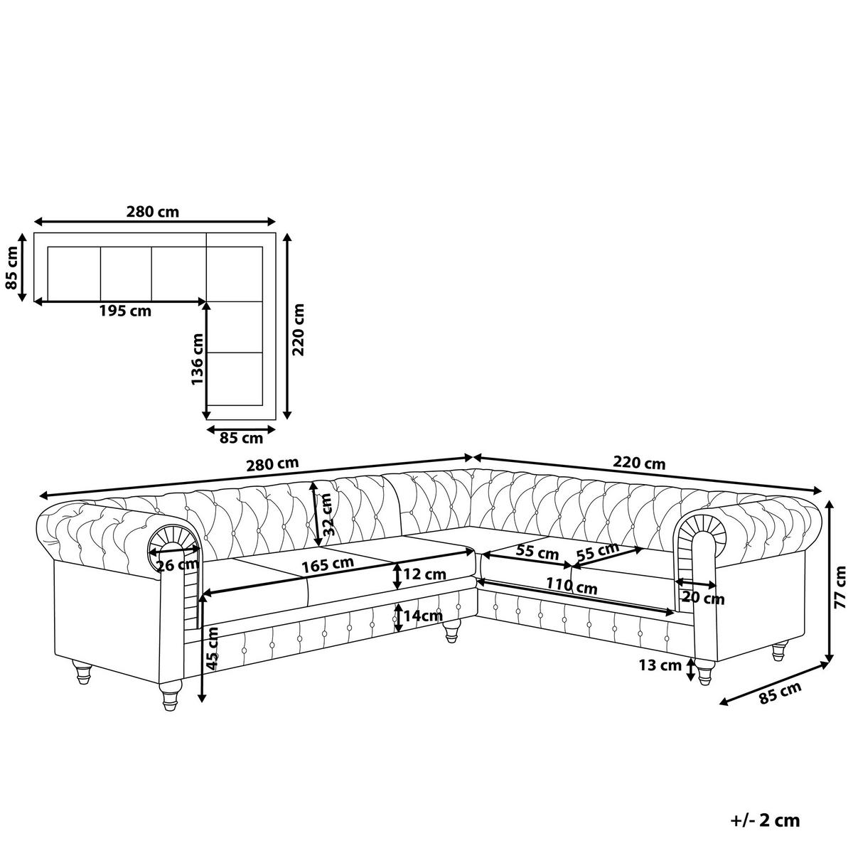 ECKSOFA Polsterbezug Hellgrau rechtsseitig Chesterfield - Grau, Textil (280/85cm) - Beliani