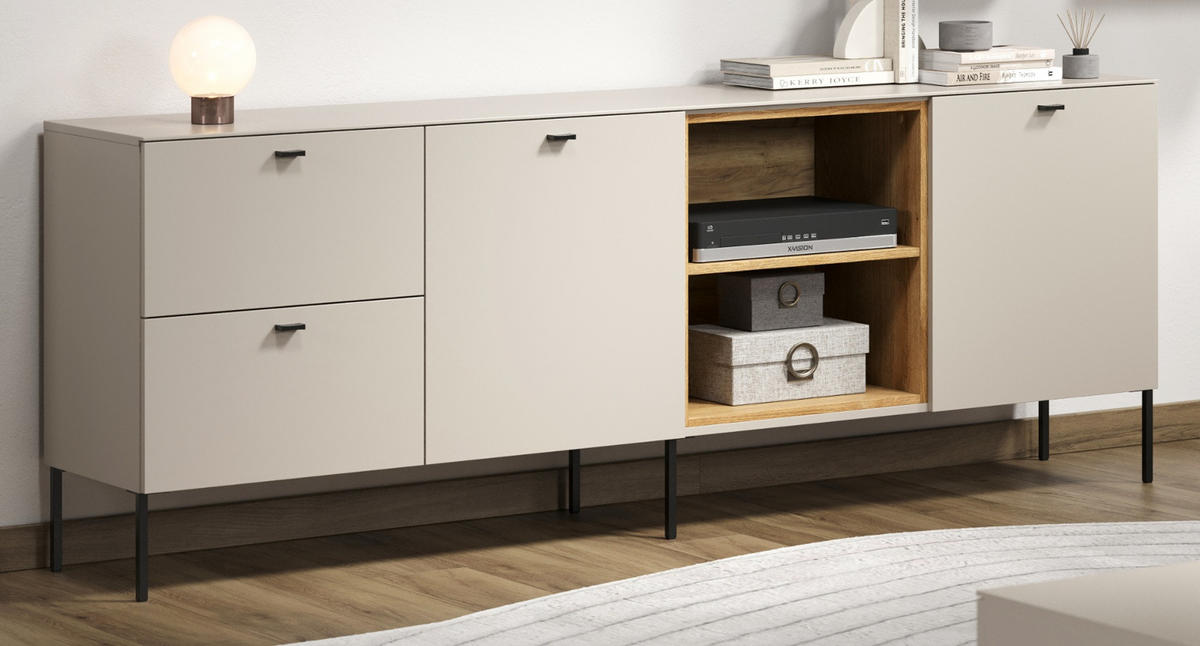 SIDEBOARD Kaschmir, Eiche 200 cm, Kommode mit Soft-Close - Kaschmir/Schwarz, Holzwerkstoff/Metall (200/75/40cm) - Top.Furn