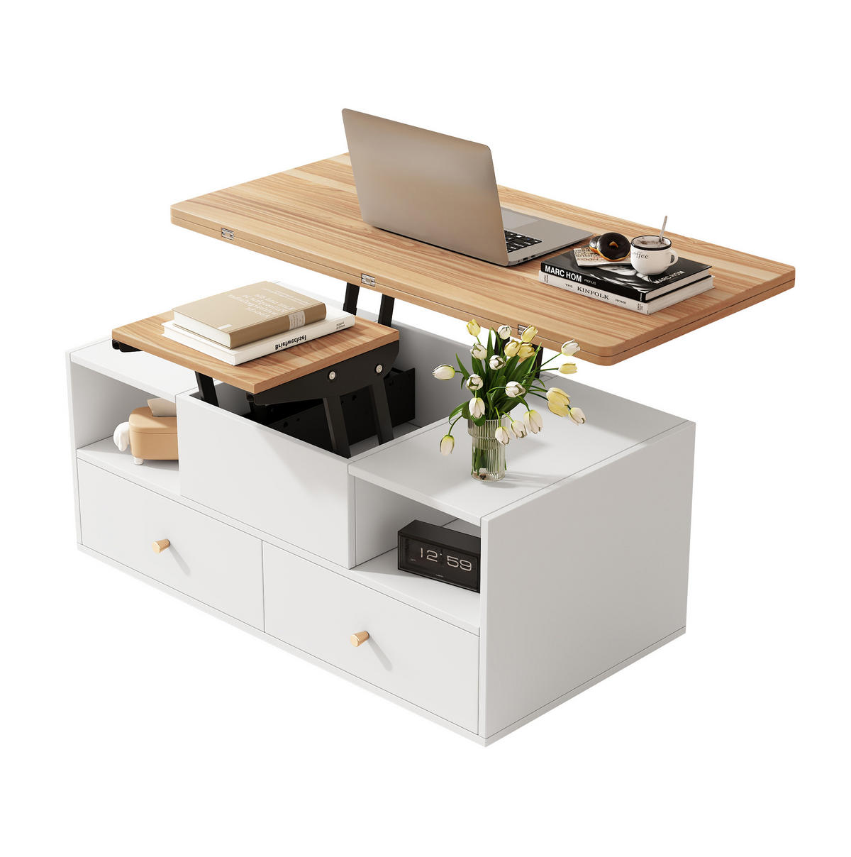 KONFERENČNÍ stolek 100/50/47,5 cm bílá a přírodní z MDF s výklopnou a výškově nastavitelnou deskou - přírodní, kompozitní dřevo (100/50/47.5cm) - OKWISH