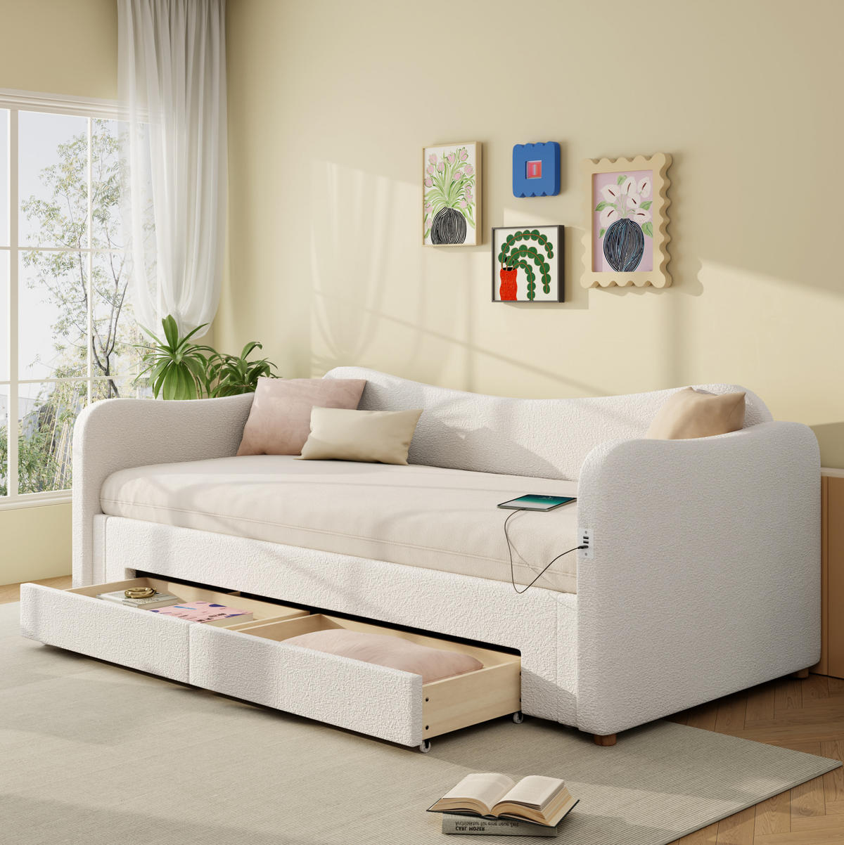 POLSTERBETT 90/200 cm ausziehbar auf 180/200 cm mit 2 Schubladen, USB- und USB-C-Anschluss, Bouclé, Beige - Beige, Textil (90/200cm) - Redom