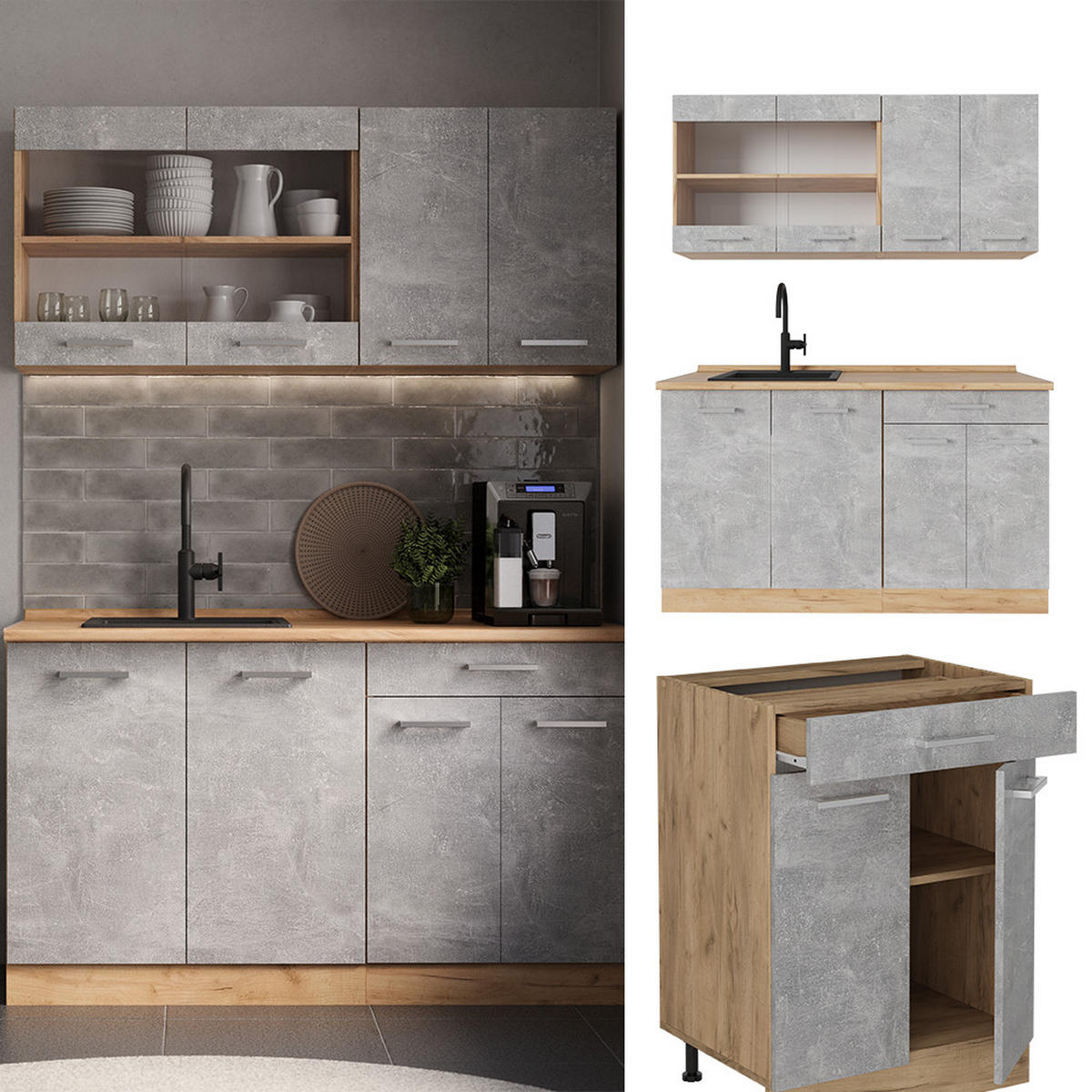 SINGLE KÜCHE R-Line Beton/Goldkraft Eiche 140 cm ohne Arbeitsplatte - Schieferfarben/Eiche Wotan, Holzwerkstoff (140/81.6/46cm) - Vicco