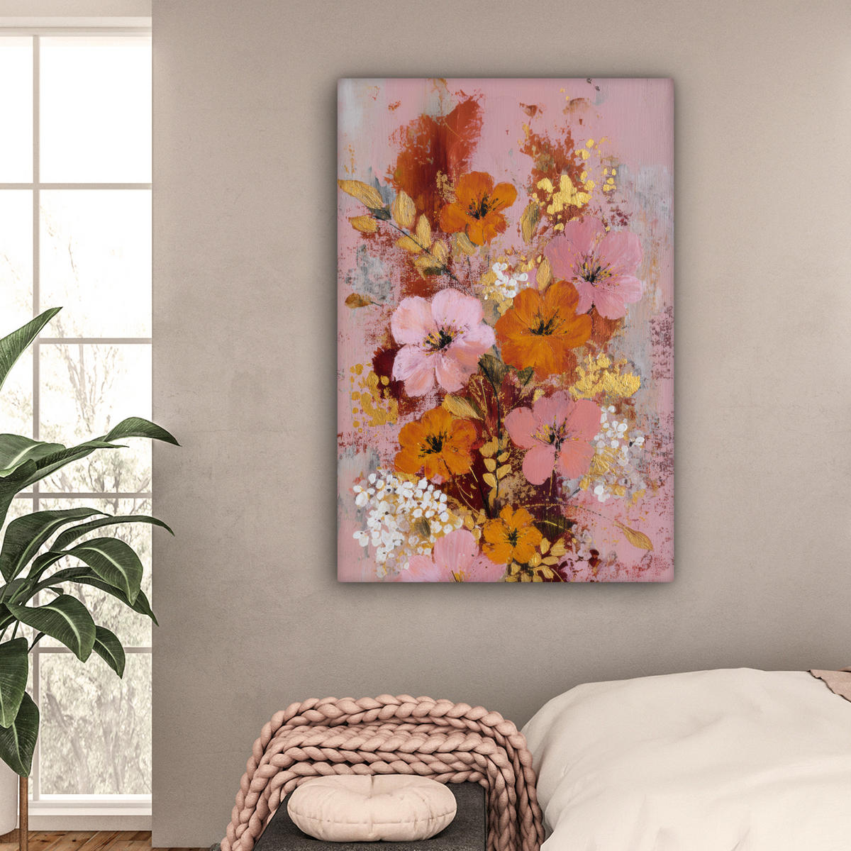 LEINWANDBILD Malerei - Blumen - Rustikal - Rosa Deko Groß 90x140 cm - Altrosa, Textil (90/140cm) - MuchoWow