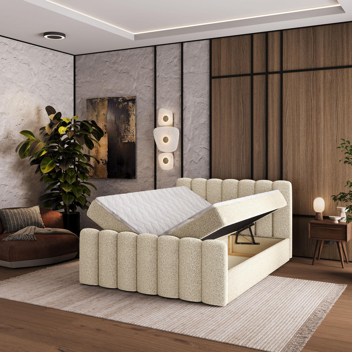 BOXBETT CELLA 160x200 cm mit Matratze und Topper - Creme - Creme, Holz (160/200cm) - MASSENO