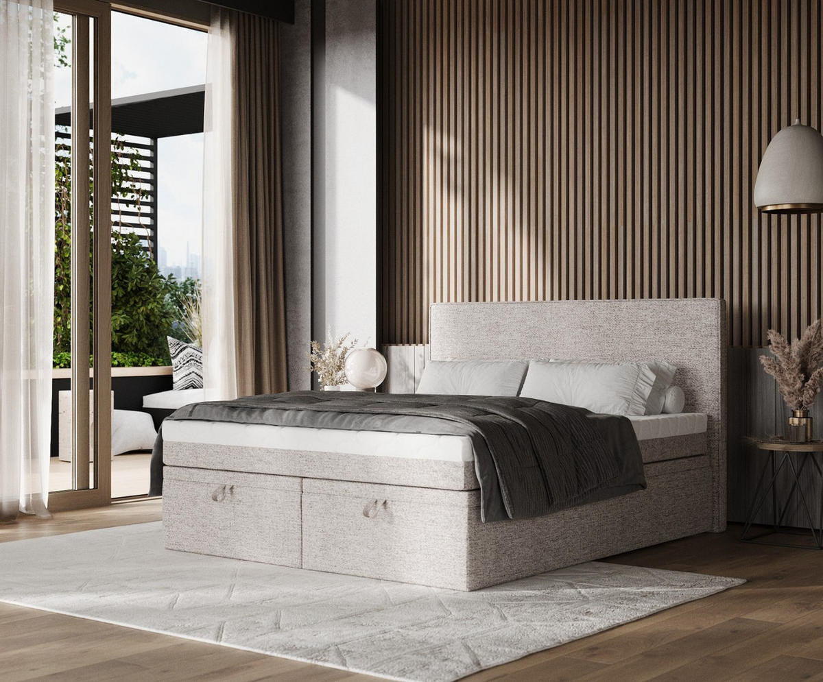 BOXBETT Zalla 180/200 cm Beige im Neve Stoff - Beige/Schwarz, Holz/Holzwerkstoff (180/200cm) - AltaBeds