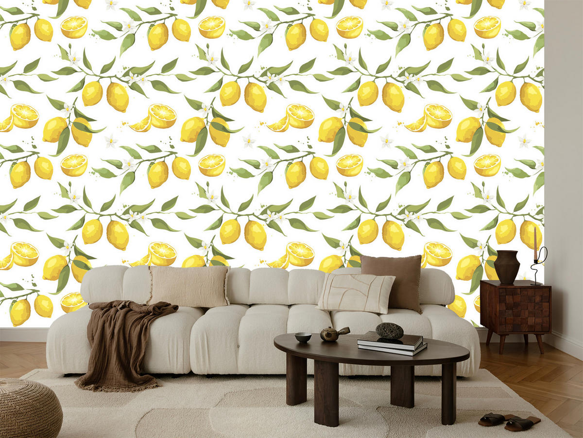 VLIESTAPETE Zitronen und Blätter – Gelb, Grün, Weiß – 50x1000 cm - Gelb/Weiß, Papier (50/1000cm) - Muralo