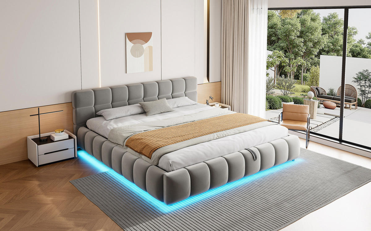 ČALOUNĚNÁ postel 180/200 cm s LED osvětlením a hydraulickým úložným prostorem, sametová šedá - šedá, textil (180/200cm) - Redom