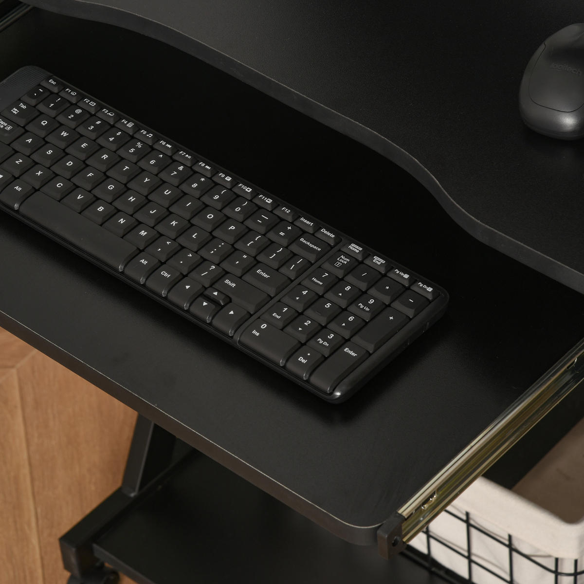 COMPUTERTISCH Schwarz rollbar mit Tastaturauszug und Ablage 60/48/73 cm - Schwarz, Holzwerkstoff (48/60/73cm) - PANGIVO