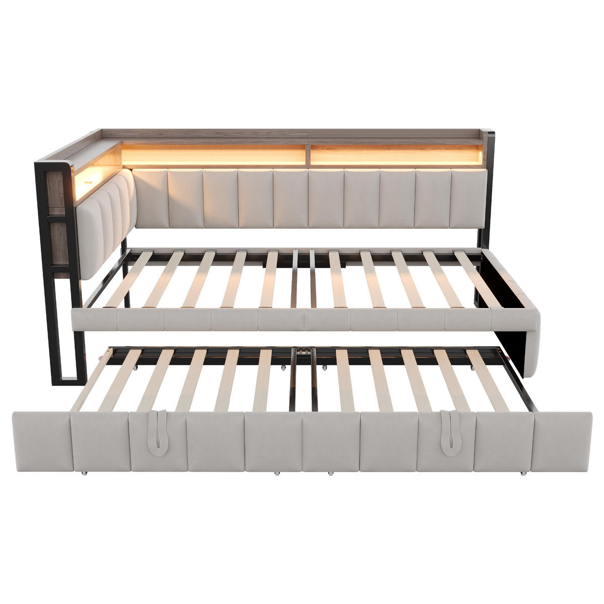 SCHLAFSOFA 90/200 cm & 90/190 cm in Hellgrau Samt mit LED, USB und Ablage - Hellgrau, Holzwerkstoff/Textil (90/200cm) - WISHDOR