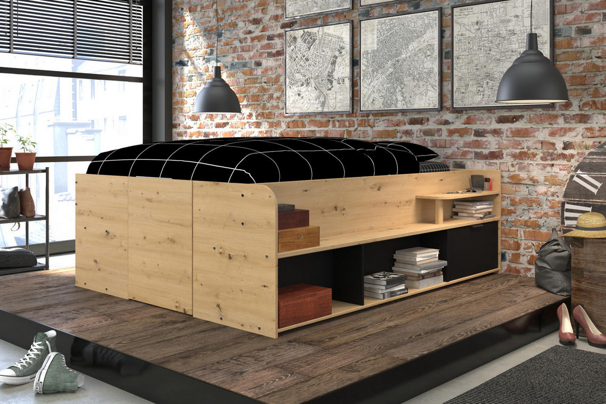 STAURAUMBETT Jugendzimmer Bett 140x200 hydraulischer Bettkasten - Schwarz/Naturfarben, Holz/Holzwerkstoff (140/200cm) - Parisot Meuble