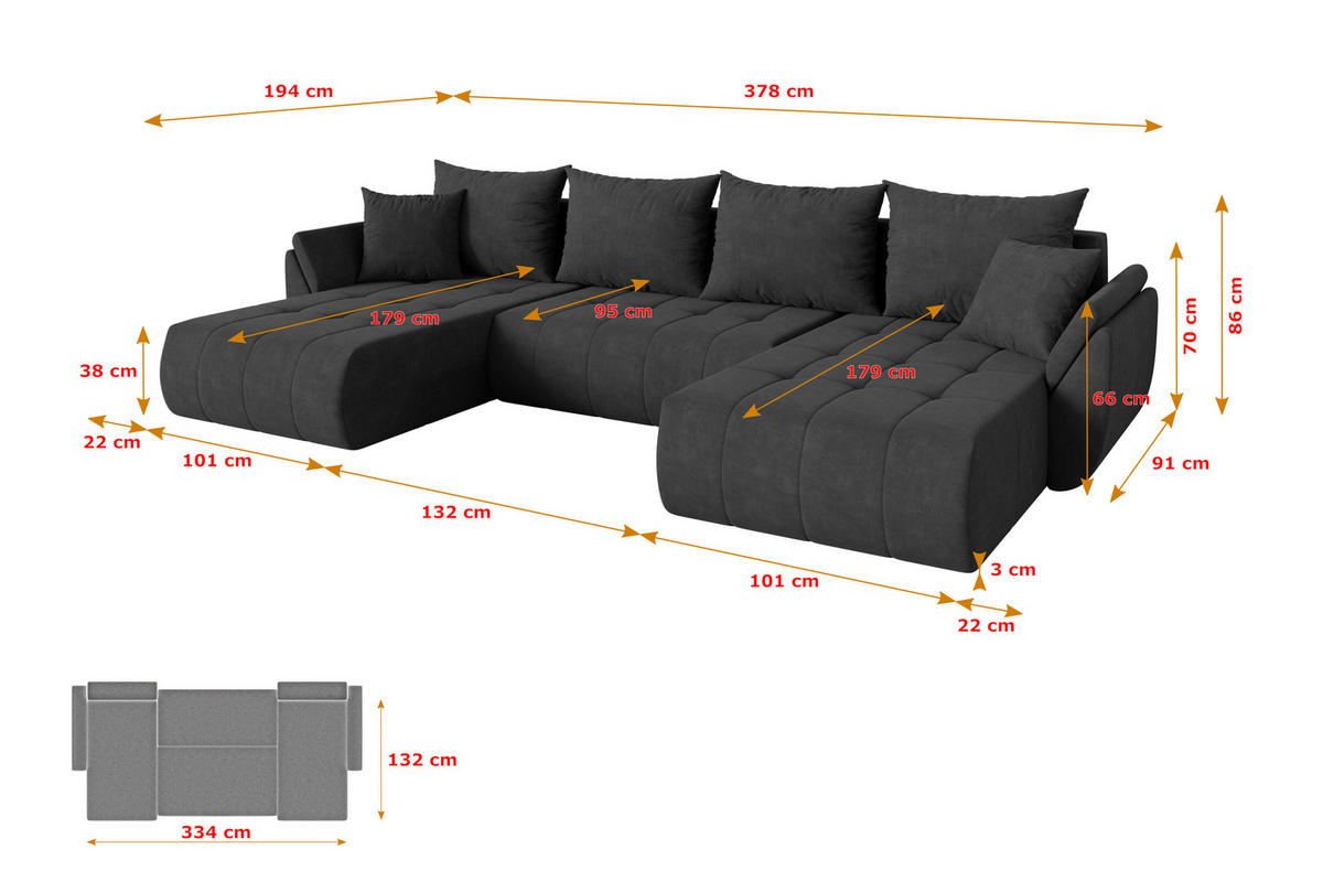 SEDACÍ SOUPRAVA DO U s funkcí spaní a úložným prostorem TOKO-U 378x194x86 tmavě šedá velur - černá/antracitová, kompozitní dřevo/textil (378/86/194cm) - ALTDECOR