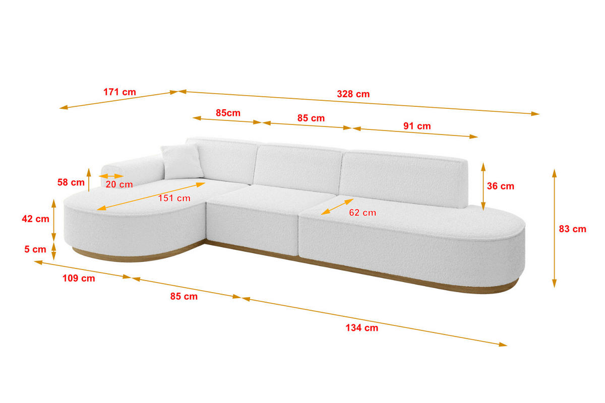 ECKSOFA Ottomane Links MARI-L2-v2 - 328x171x83 cm Weiß Bouclé - Weiß, Holzwerkstoff/Textil (328/171cm) - ALTDECOR