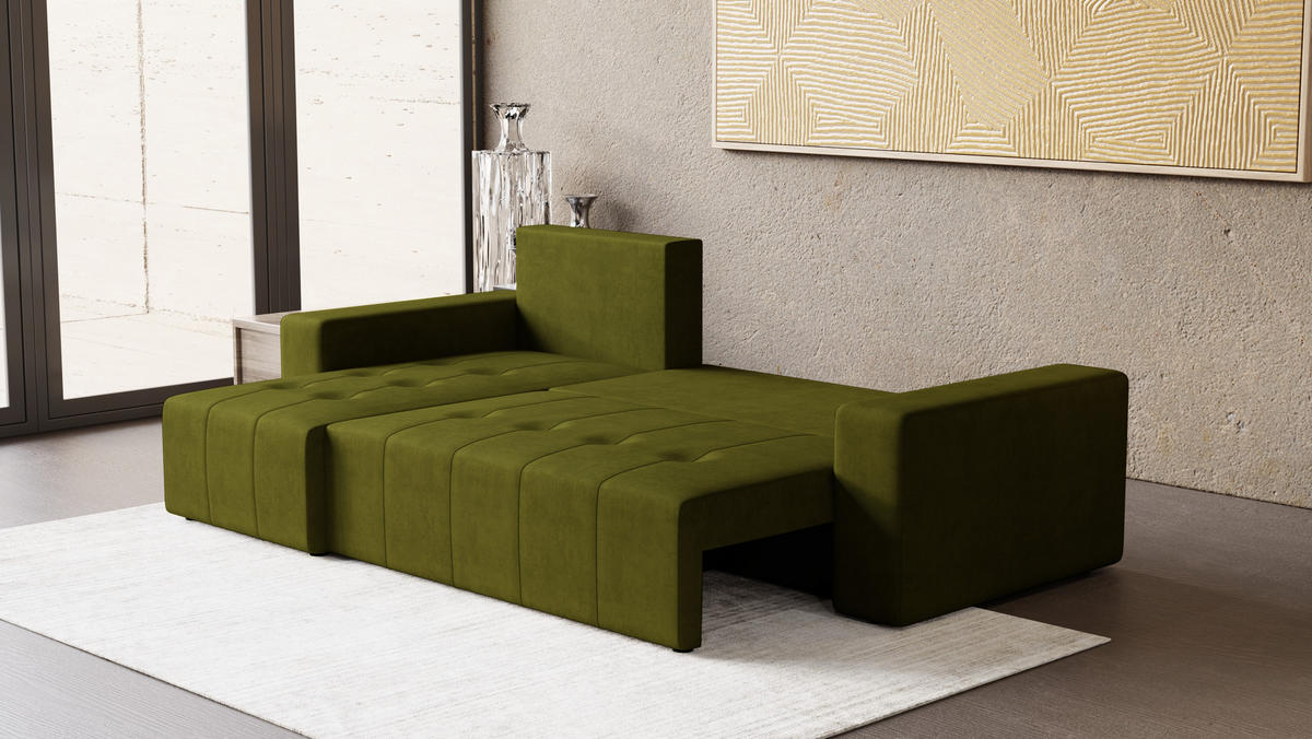 ECKSOFA Tico mit Bettkasten und Schlaffunktion, L-Form/XL-Form, Velourstoff, Universal - Olivgrün, Holzwerkstoff (246/145cm) - 4ALL HOME