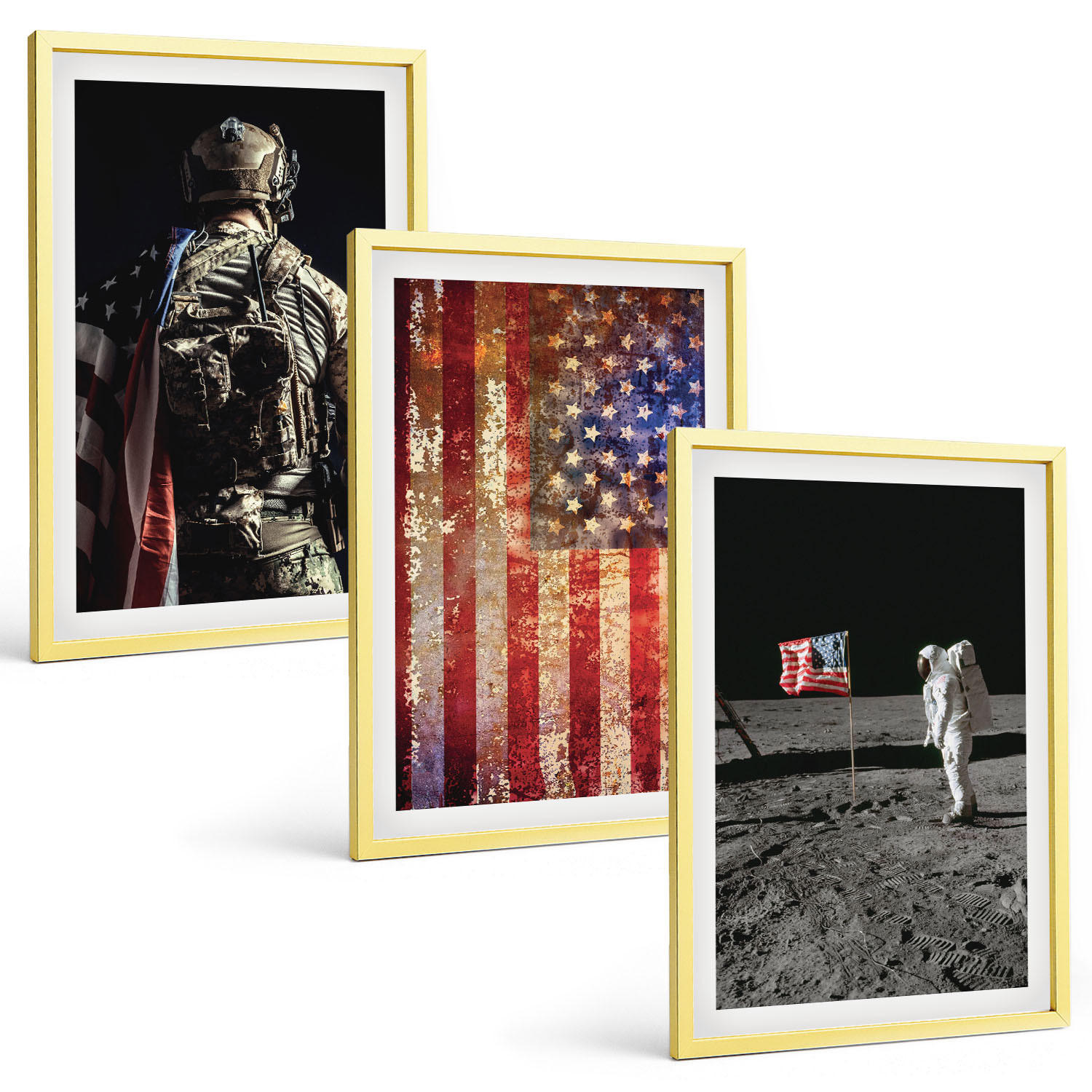 BILDER SET 3er Set - 40x60 cm Goldrahmen - Amerikanische Symbole, USA-Flagge - Goldfarben, Kunststoff (40/60cm) - TULUP